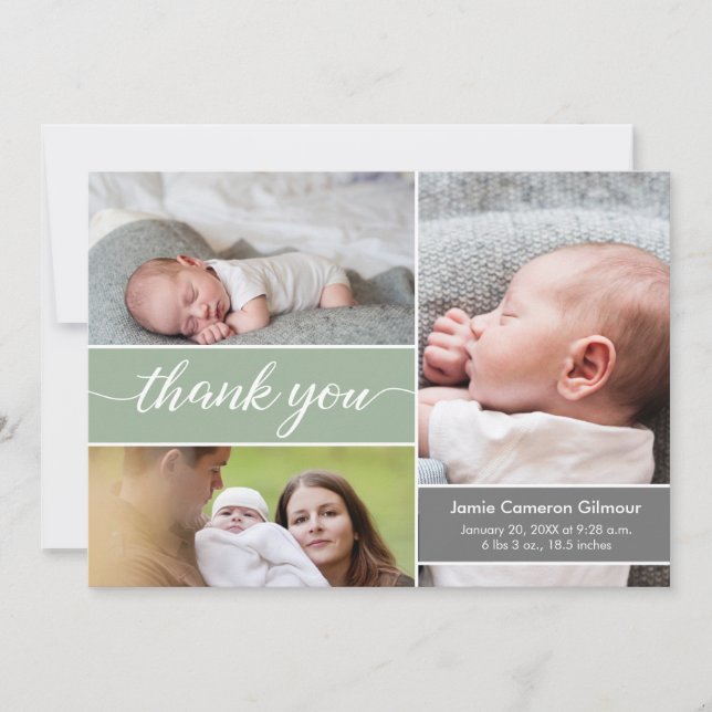 Carte De Remerciements Vert moderne Photos Nouveau-né Nom Baby shower (Devant)