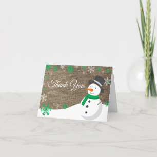 Carte De Remerciements Vert Noël Hiver Bonhomme de Neige Burlap