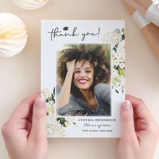 Carte De Remerciements Vert Rose blanche Floral Graduation Photo (Créateur téléchargé)