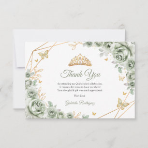 Carte De Remerciements Vert sauge or floral Quinceanera