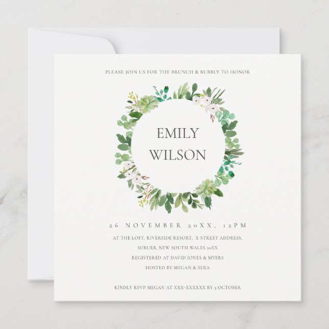 CARTE DE REMERCIEMENTS VERT SUCCULENT WREATT FAUNA BRUNCH BUBBLY INVITATI (Devant)