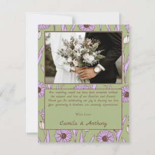 Carte De Remerciements Vert violet rétro Y2K Funky Hippie Flower Motif