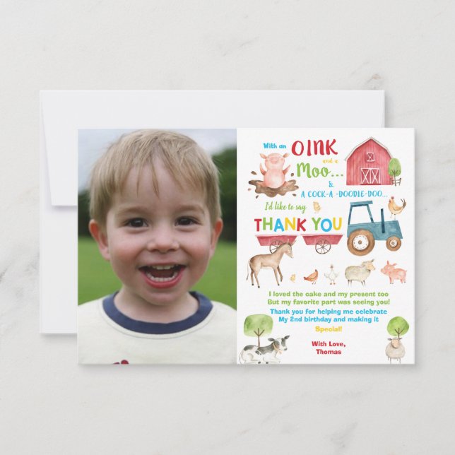 Carte De Remerciements Vibrant Barnyard Farm Animaux Anniversaire Photo (Devant)