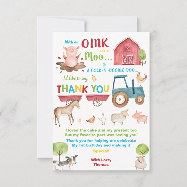 Carte De Remerciements Vibrant Cute Barnyard Animaux de ferme Anniversair (Devant)