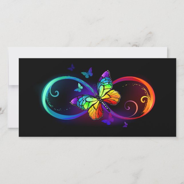 Carte De Remerciements Vibrant infinity with rainbow butterfly on black (Devant)