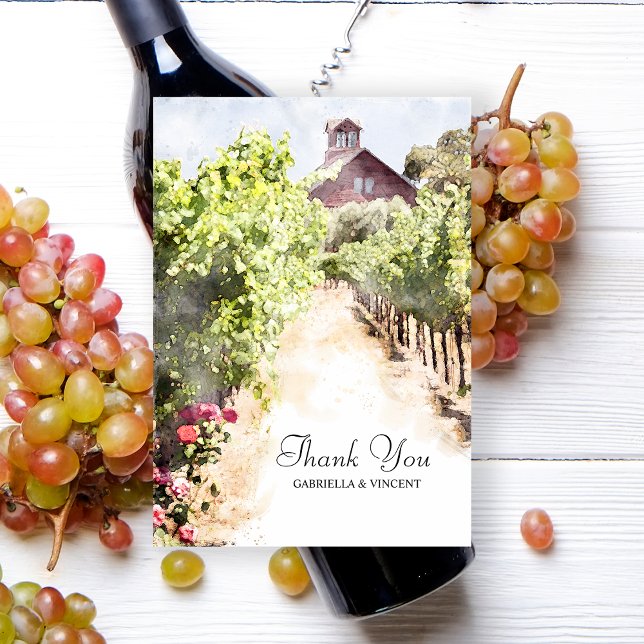 Carte De Remerciements Vignoble et Mariage d'aquarelle de la grange rouge (Say thanks after your winery wedding or shower with the Vineyard and Red Barn Thank You Note Card.)