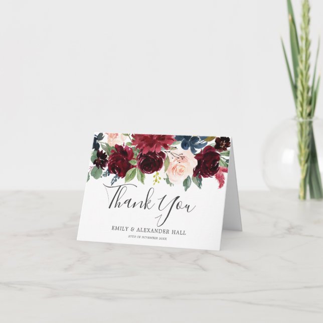 Carte De Remerciements Vin rouge Bourgogne Aquarelle Mariage floral (Devant)