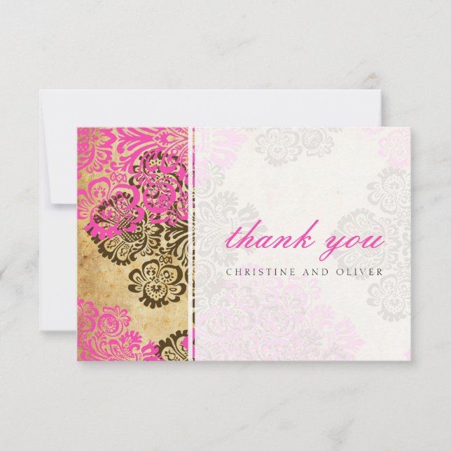 Carte de remerciements vintage rose et Brown Damas (Devant)