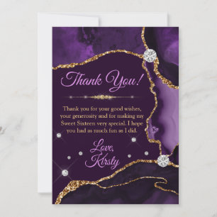 Carte De Remerciements Violet et Or Fausse Agate Brillante Sweet 16