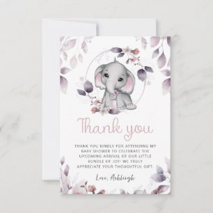 Carte De Remerciements Violet rose Baby shower Eléphant mignon