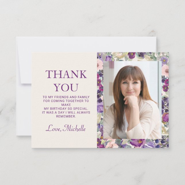 Carte De Remerciements Violet rose rose rose floral photo d'anniversaire (Devant)