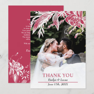 Carte De Remerciements Viva magenta et fleurs blanches photo mariage