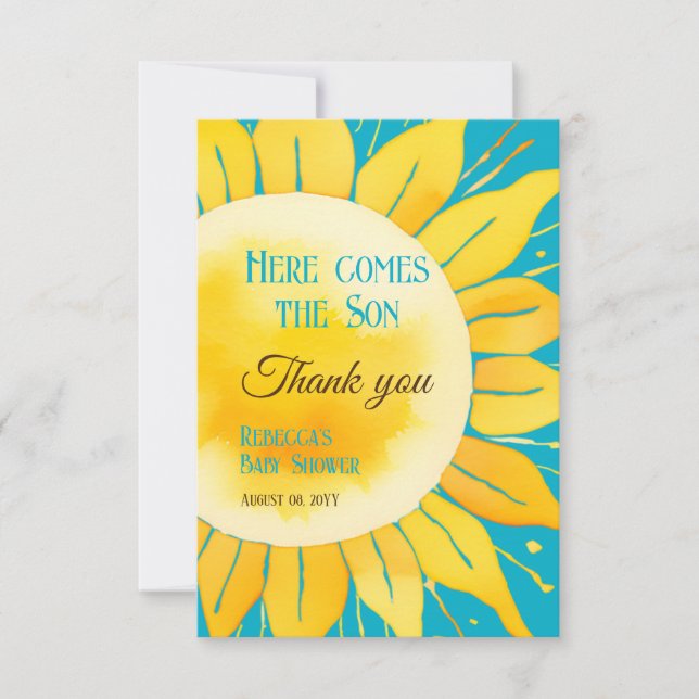 Carte De Remerciements Voici le Baby shower Son Boy Blue Sunshine (Devant)