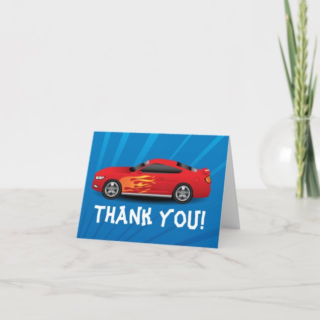 Carte De Remerciements Voiture de course rouge flamboyante pour l'anniver (Devant)