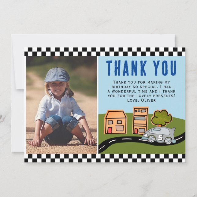 Carte De Remerciements Voiture de course sur route Boy Photo Anniversaire (Devant)