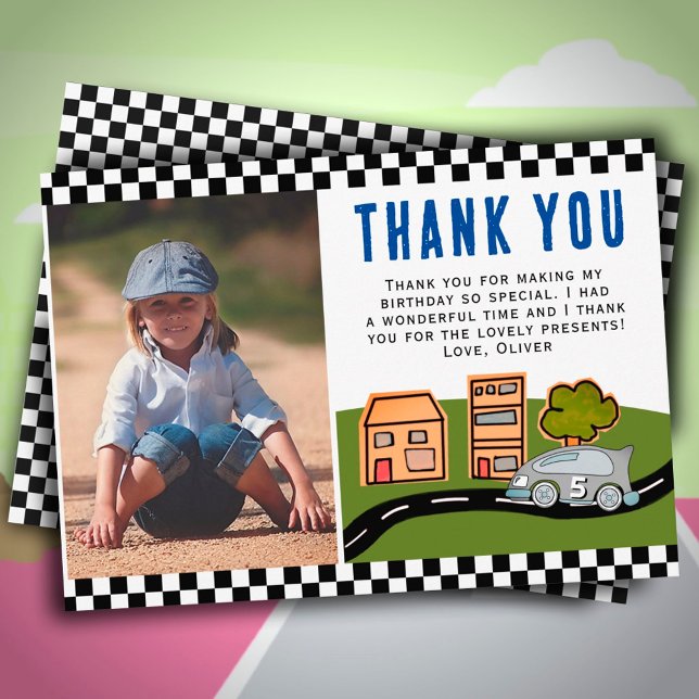 Carte De Remerciements Voiture de course sur route Boy Photo Anniversaire (Créateur téléchargé)