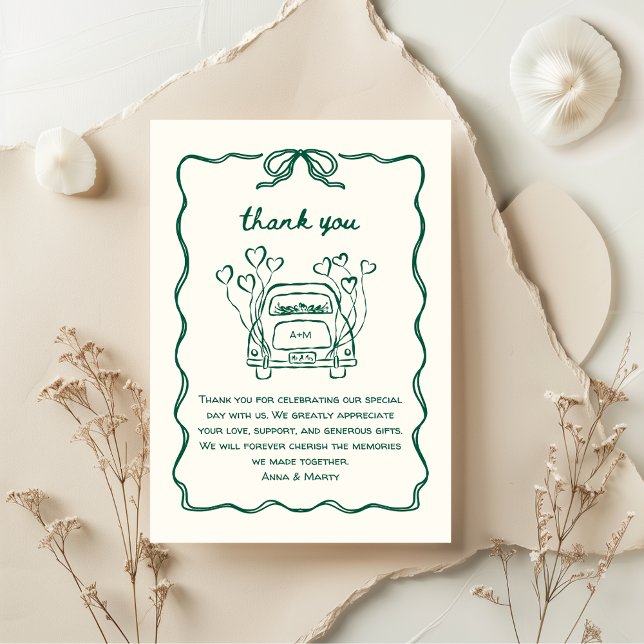 Carte De Remerciements Voiture de Mariage unique Retro dessinée à la main (Green Hand-Drawn Wedding Thank you Car with Hand illustrated wedding send off - retro, vintage cute)