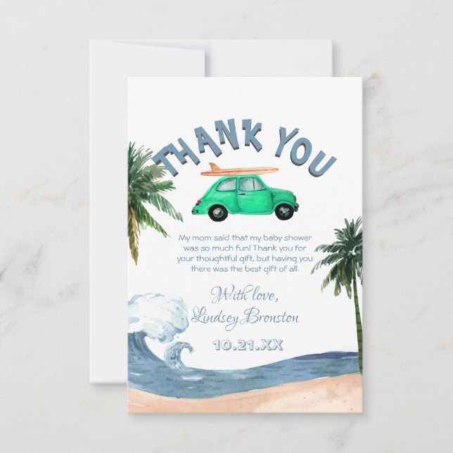 Carte De Remerciements Voiture de surf Cocout Tree Blue Beach Baby shower (Devant)