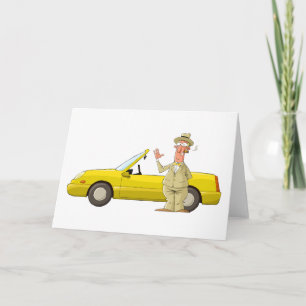 Carte De Remerciements Voiture jaune humoristique avec gentleman rétro 