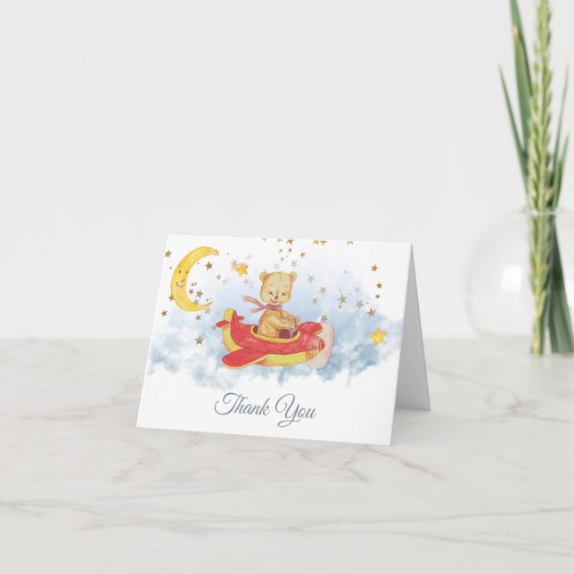 Carte De Remerciements *~* Vol Teddy Bear Red Plane Stars Lune (Devant)