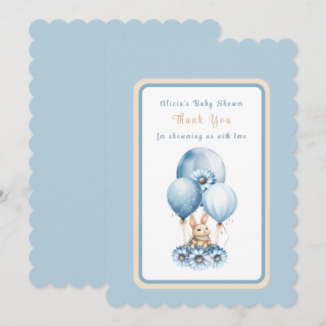 Carte De Remerciements Volant Bunny Bleu bébé garçon Douche (Devant / Derrière)
