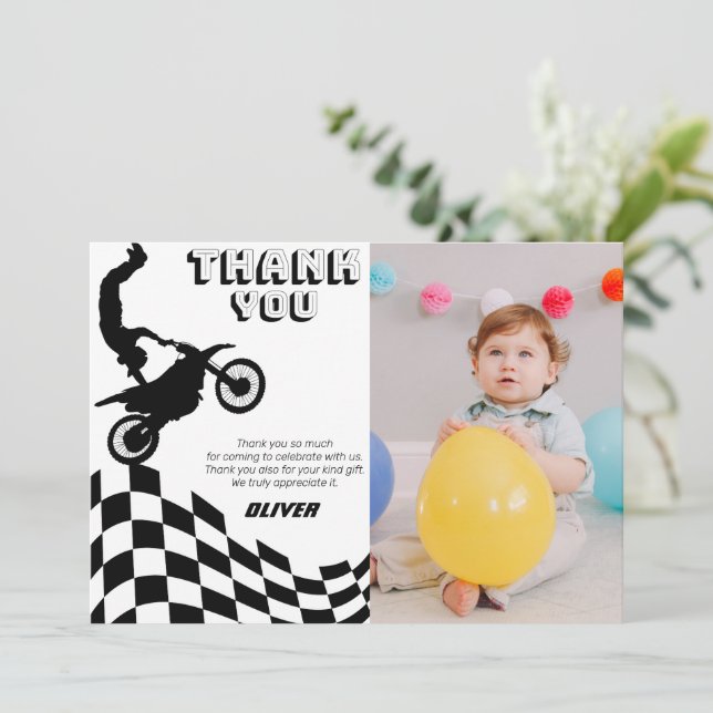 Carte De Remerciements VTT Dirt moto course garçon photo anniversaire (Debout devant)