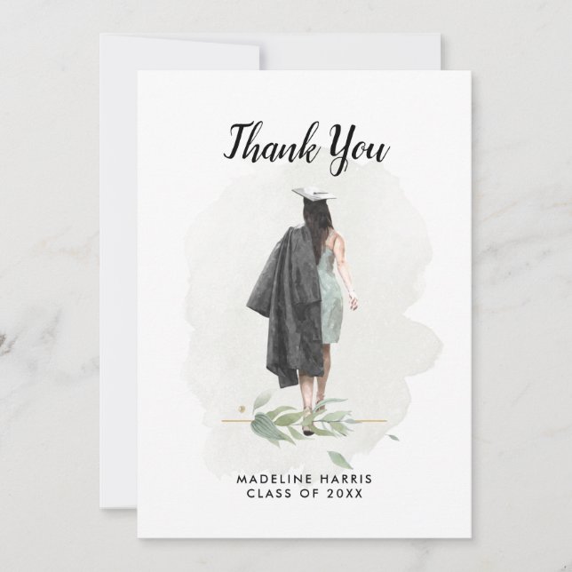 Carte De Remerciements Watercolor Girl Foliage Custom Photo Graduation (Devant)