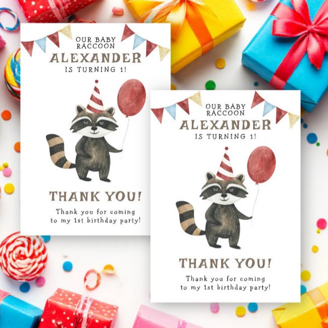 Carte De Remerciements Watercolor Raccoon 1st Birthday  (Créateur téléchargé)