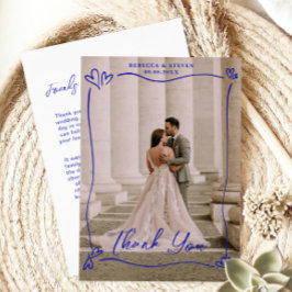 Carte De Remerciements Wedding Photo Blue Doodle Heart Overprint Border