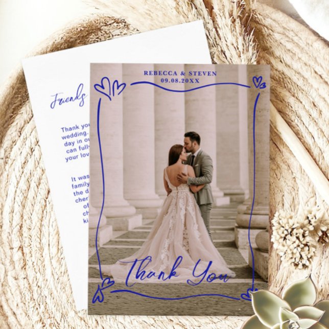 Carte De Remerciements Wedding Photo Blue Doodle Heart Overprint Border (Créateur téléchargé)