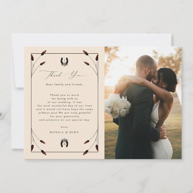 Carte De Remerciements Western Boho Horseshoe Monogram 2 Mariage photo (Devant)