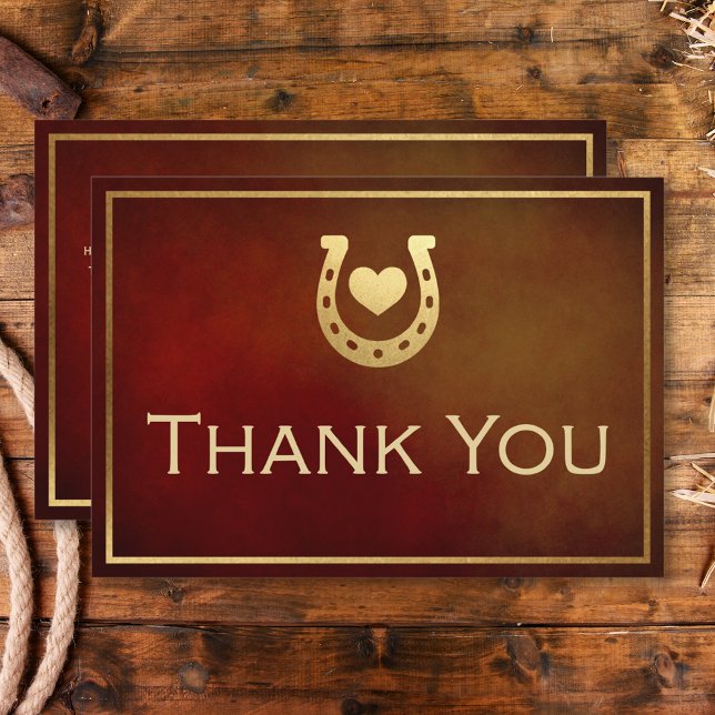 Carte De Remerciements Western Rustic Horseshoe Mariage Bourgogne et or (Western Rustic Horseshoe Burgundy & Gold Wedding Thank You Card)