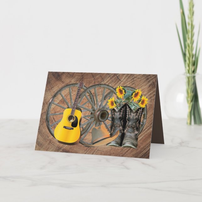 Carte De Remerciements Western Wagon Wheel Guitar Cowboy bottes tournesol (Devant)