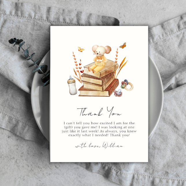 Carte De Remerciements Whimsal Neutral Boho Livre Baby shower de souris (Whimsical Neutral Boho Book Mouse Baby Shower Thank You Card)