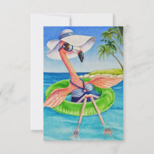 Carte De Remerciements Whimsical Beach Babe Flamant rose rose no 3