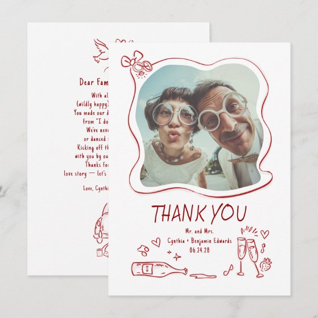 Carte De Remerciements Whimsical Funky Hand Drawn Wedding Photo (Devant / Derrière)