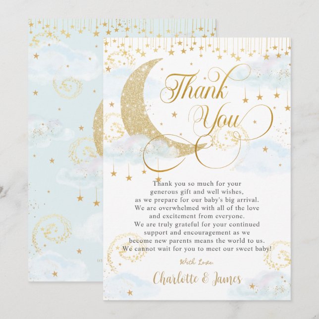 Carte De Remerciements Whimsical Twinkle petit Baby shower bleu étoile (Devant / Derrière)
