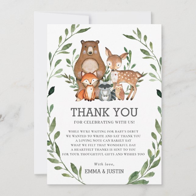 Carte De Remerciements Whimsical Woodland Animaux Baby shower verdoyant (Devant)