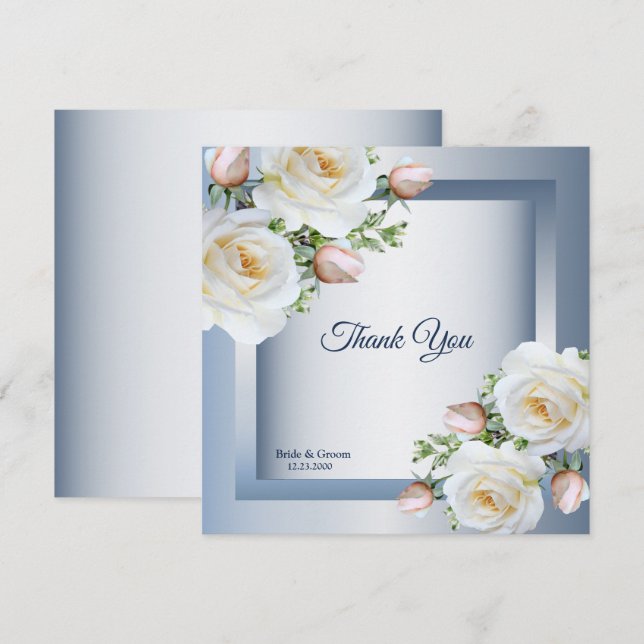 Carte De Remerciements White Floral Elegant Blue Gray (Devant / Derrière)