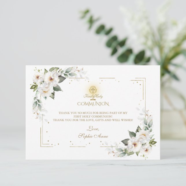 Carte De Remerciements White Wild Rose Gold First Holy Communion (Debout devant)