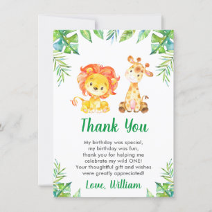 Carte De Remerciements Wild Jungle Safari Garçon 1er fête d'anniversaire
