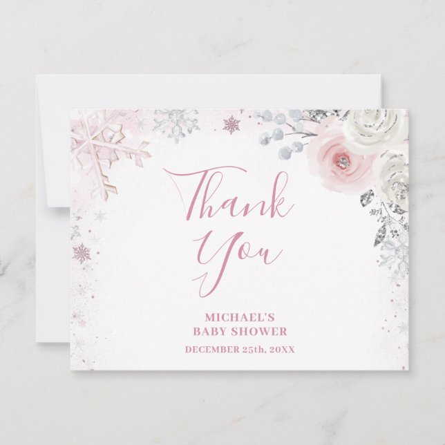 Carte De Remerciements Winter Pastel Pink Snowflake Sleigh Baby Shower (Devant)