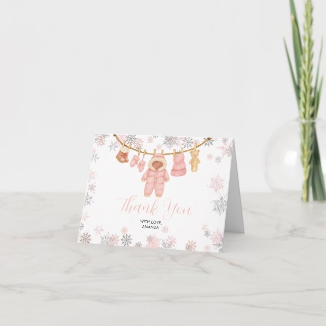 Carte De Remerciements Winter Pink Girl Baby Shower Snowflakes Thank You (Devant)