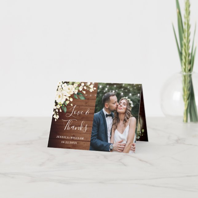 Carte De Remerciements Wood & White Roses Floral Lantern Photo Thank You (Devant)
