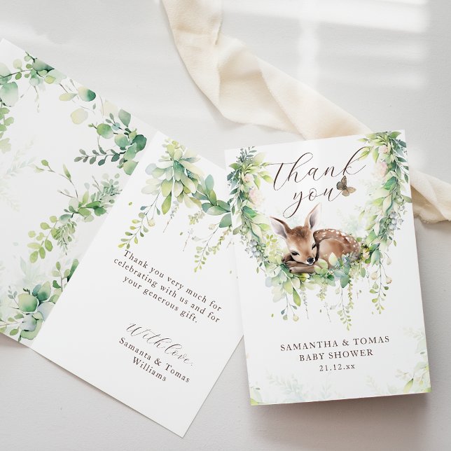 Carte De Remerciements Woodland Deer Greenery Baby Boy Shower (Créateur téléchargé)