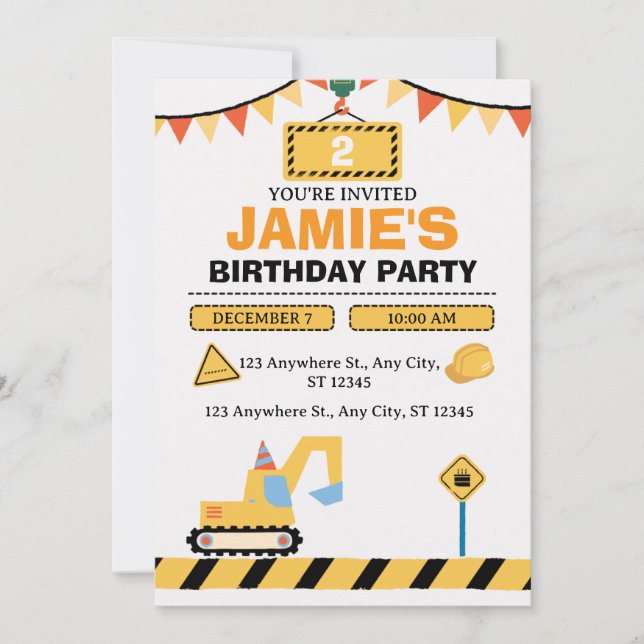 Carte De Remerciements Yellow Cute Construction Truck Boys 2nd Birthday (Devant)