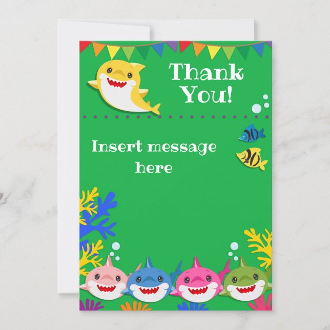 Carte De Remerciements Yellow Kids Shark Vert Anniversaire  (Devant)