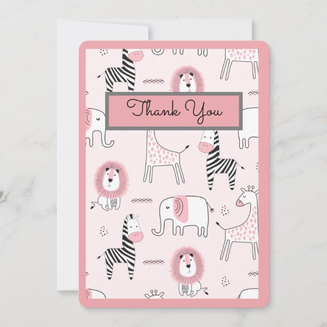 Carte De Remerciements Zoo rose Eléphant Animaux Baby shower (Devant)