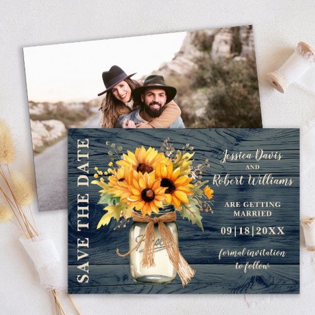 Carte de Remise à Date Rustique Tournesol dans un  (rustic sunflower string lights save the date photo card)