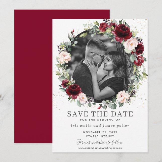 Carte de Remise de Date de Mariage Fleurie Burgund (Devant / Derrière)